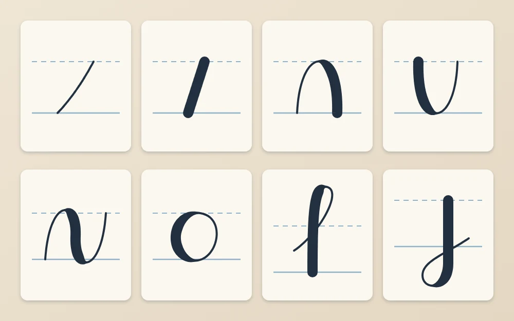 Eight tiles in two rows, each showing one basic stroke in brush style, from a thin upstroke to a descending loop