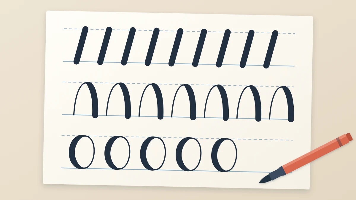 A practice sheet with three rows of repeated brush-style strokes, slanted downstrokes, arches and ovals, with a brush pen lying across the corner