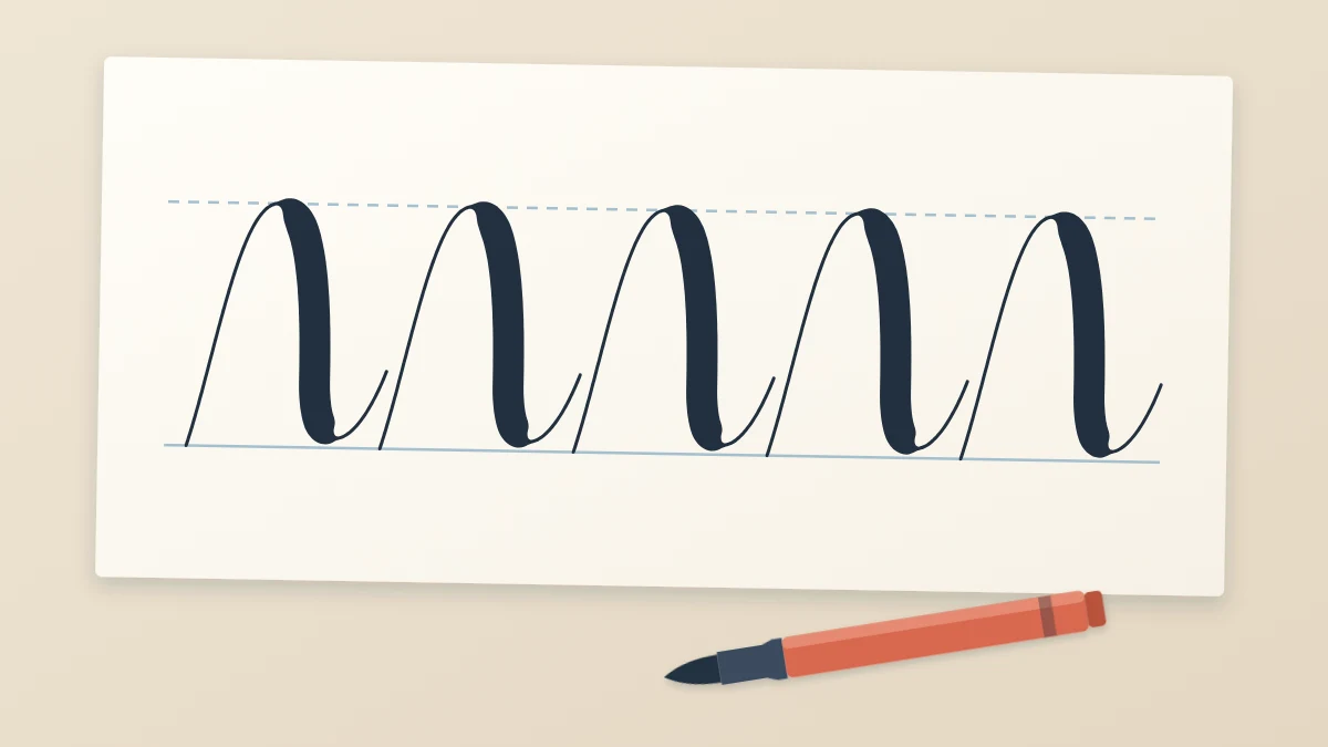 A row of wave-like brush strokes with thick downward parts and hair-thin upward parts, with a brush pen lying beside them
