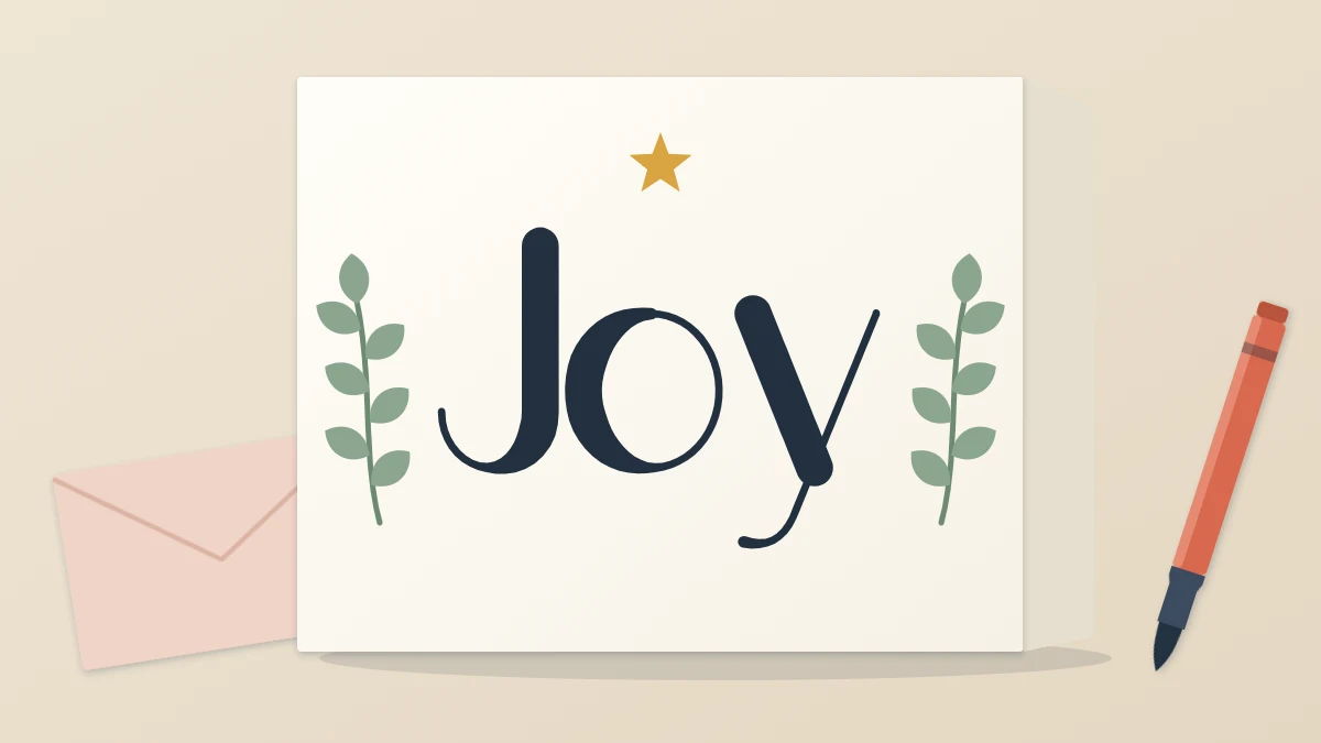 A folded greeting card on a desk with the word Joy in large brush style, a small star above it and two green sprigs at the sides