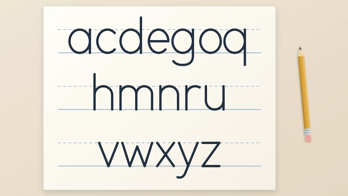 Three rows of lowercase even-line letters on guide lines, acdegoq, hmnru and vwxyz, with a pencil beside the sheet