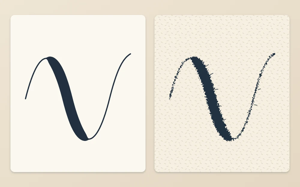 Two tiles comparing one brush wave stroke: clean and crisp-edged on the left, ragged and fuzzy on the right