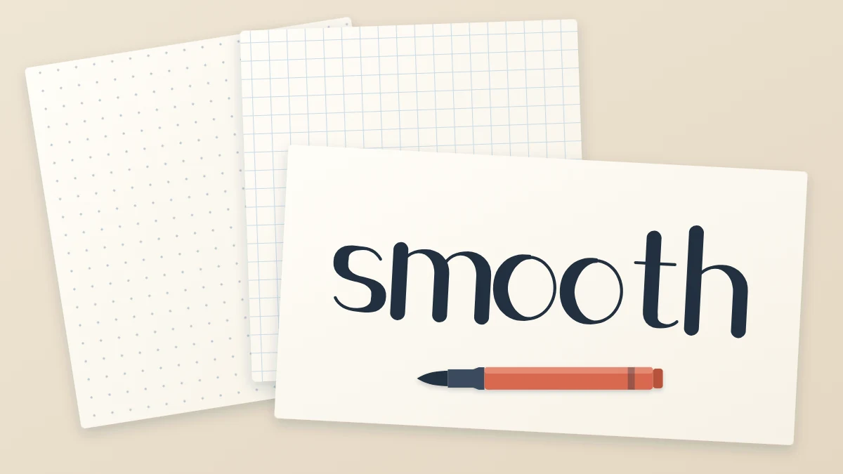 Three fanned sheets on a desk: dot grid, graph and a plain smooth sheet with the word smooth in brush style