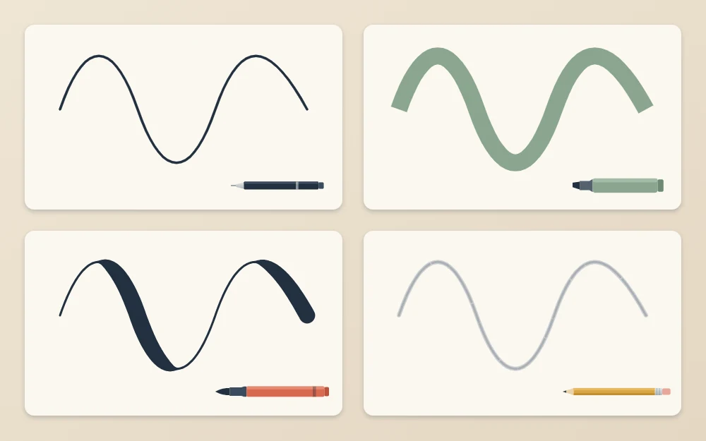 Four tiles with sample strokes: a thin even fineliner line, a broad marker line, a thick-and-thin brush wave, a gray pencil line