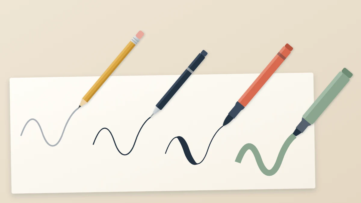 A pencil, a fineliner, a brush pen and a broad marker in a diagonal row, each with a short sample stroke under its tip