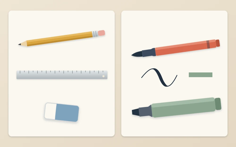 Two groups of tools on off-white panels: pencil, eraser and ruler on the left, brush pen and broad marker on the right