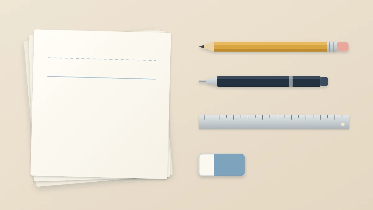 A starter kit laid out neatly on a desk: pencil, eraser, steel ruler, one fineliner pen and a small stack of smooth paper