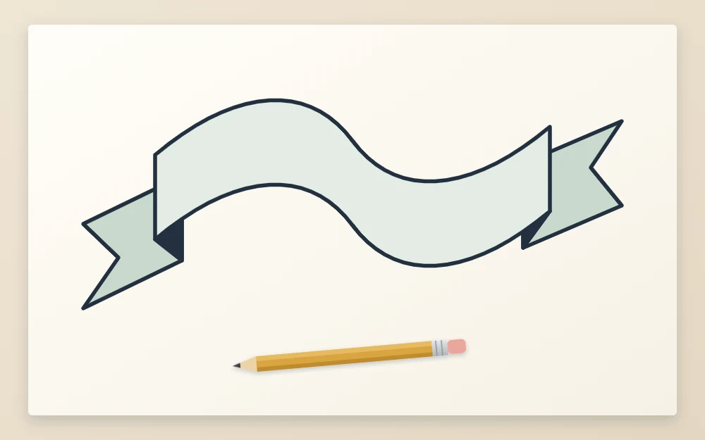 An empty wavy banner drawn from two parallel curved lines with folded ends, lying next to a pencil