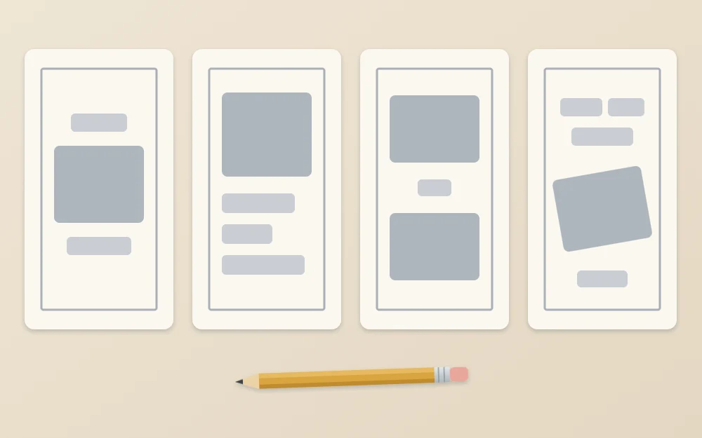 Four small thumbnail sketch frames in a row, each arranging large and small gray blocks differently