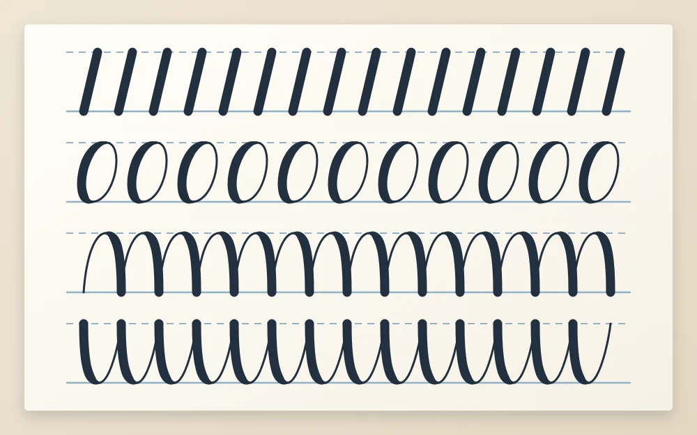 Four drill rows on guide lines: slanted parallel downstrokes, repeated ovals, connected arches like a row of m, and connected cups like a row of u