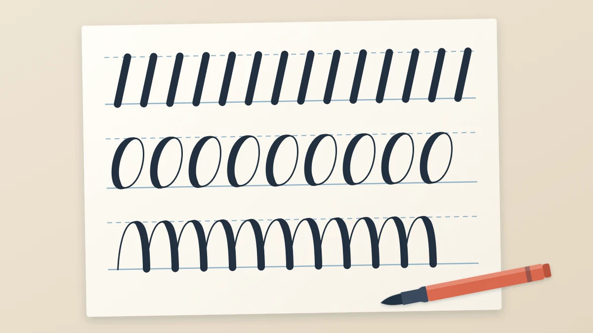 A practice sheet filled with rows of brush-style drills: slanted lines, ovals and connected arches, with a brush pen resting on it