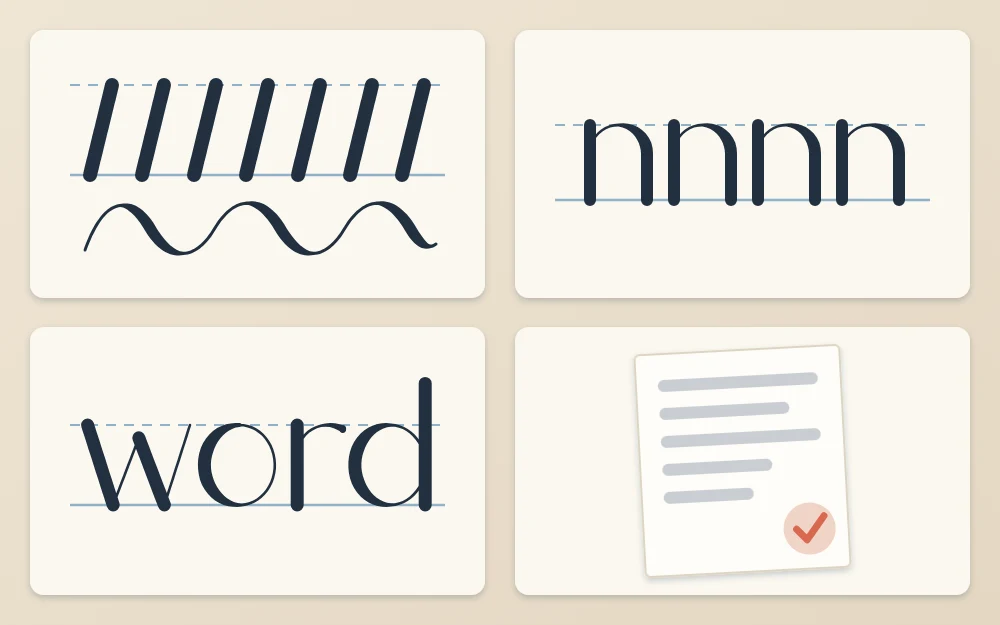 Four tiles showing one session: warm-up strokes, a row of the repeated letter n, the single word word in brush style, and a page with a small check mark