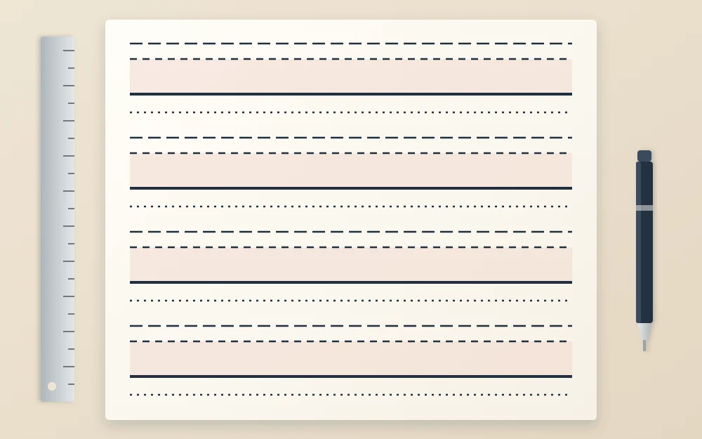 A hand-ruled master guide sheet seen flat, with four sets of cap, x-height, baseline and descender lines stacked with clear gaps between sets