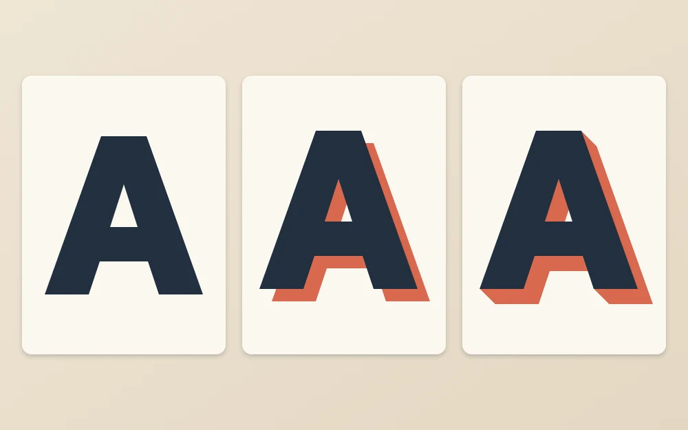 Three tiles showing a block capital A: plain, with an offset drop shadow, and with a solid 3D extruded side