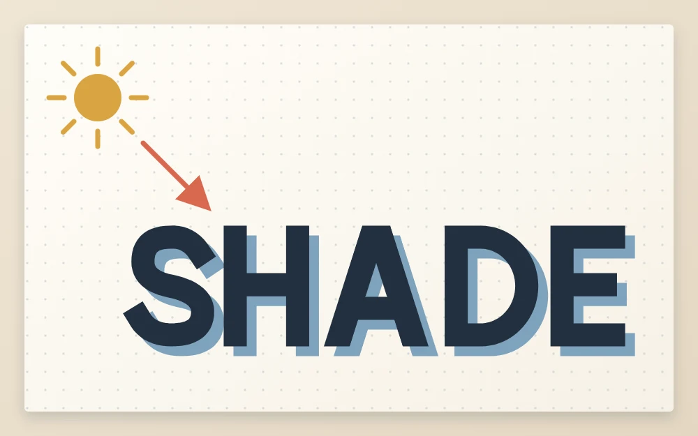 The word SHADE in block capitals with an offset shadow, a small sun at top left and an arrow pointing to the lower right