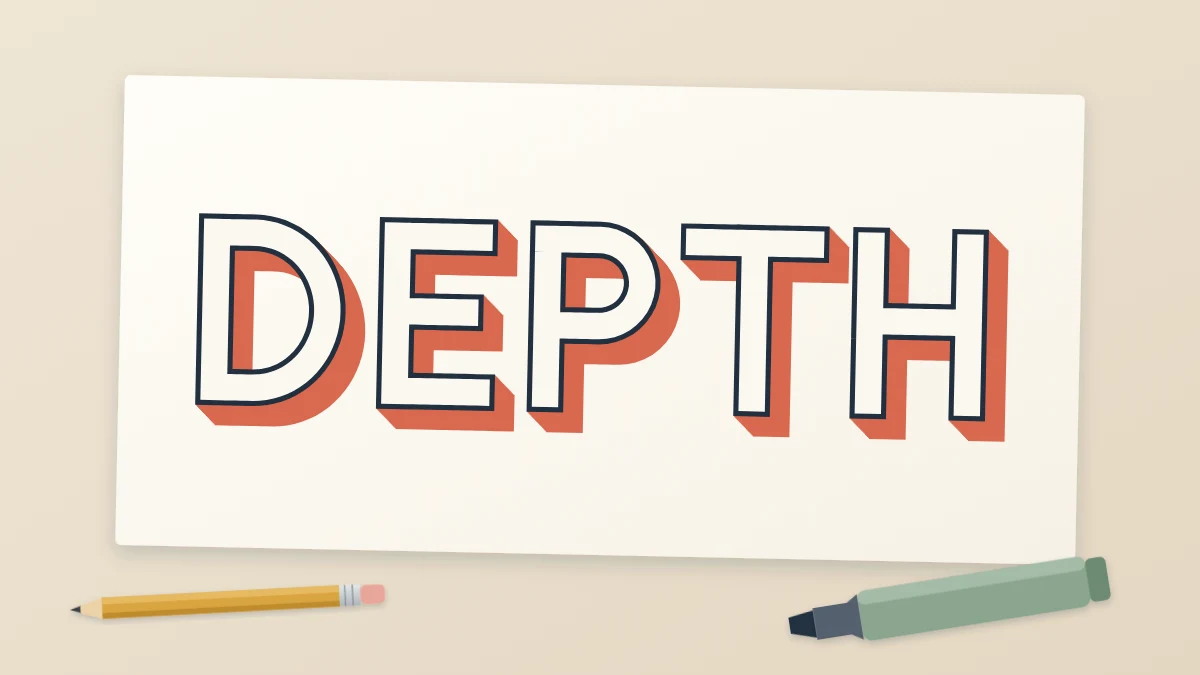 The word DEPTH in outlined block capitals with a solid coral 3D shadow extending down and to the right