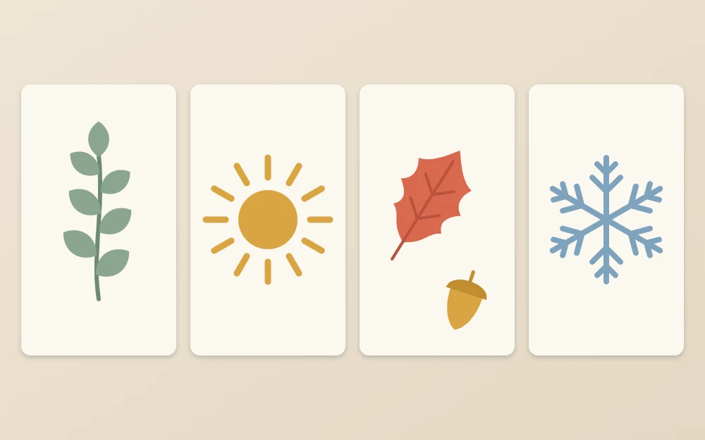 Four tiles, one per season, each with a simple motif: a sprig of leaves, a sun with rays, a fall leaf with an acorn, and a six-armed snowflake