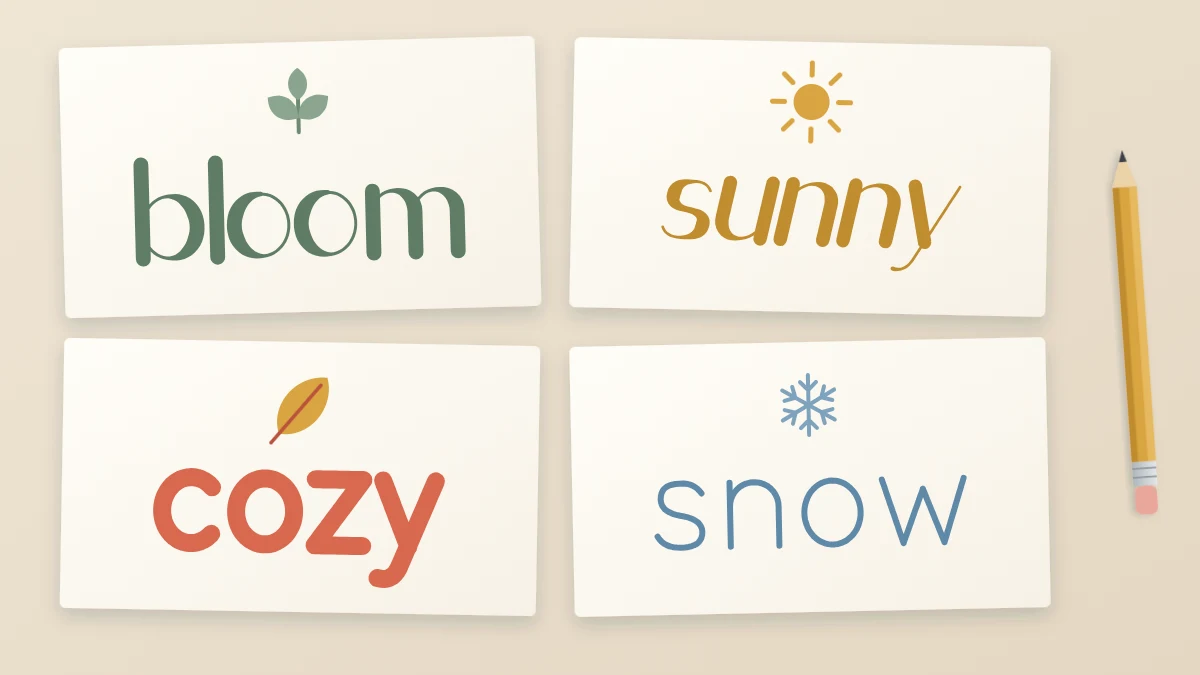 Four small cards in a grid with the words bloom, sunny, cozy and snow, each in a different style with a tiny motif