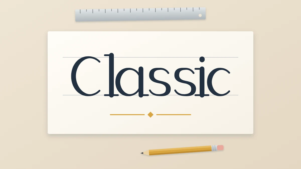 The word Classic in elegant serif style with thick and thin strokes, centered on a sheet of paper with a pencil and ruler nearby