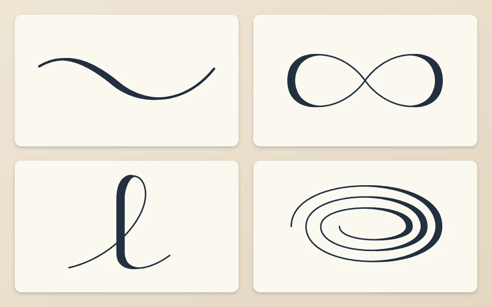 Four tiles with one brush flourish each: an underline swash, a horizontal figure eight, a loop on a tall stem, and an oval spiral