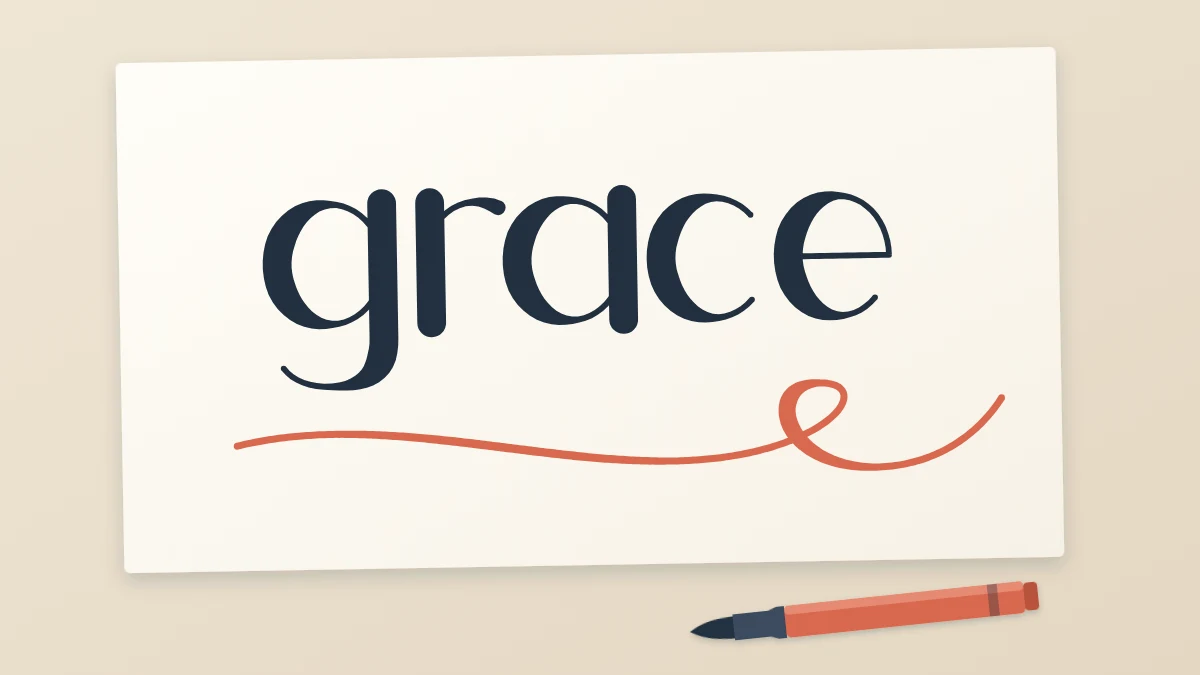 The word grace in brush style with a long underline swash that loops once beneath it, with a brush pen nearby