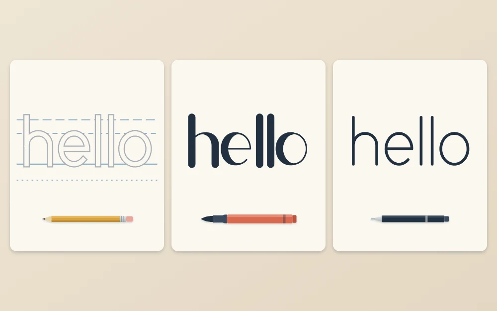 Three tiles comparing the word hello as a pencil-sketched outline on guide lines, a thick-and-thin brush version and a plain even-line version