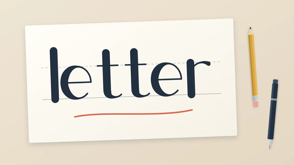 A sheet of paper on a warm desk with the word letter drawn large in thick-and-thin brush style, beside a pencil and a fineliner pen